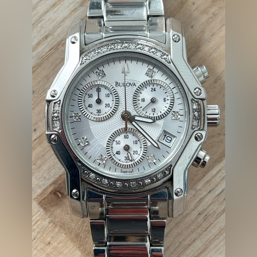 Bulova Diamonds Chronograph Ladies Watch Pearl White Dial Stainless Bracelet